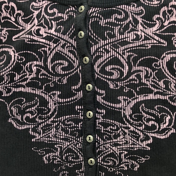 Y2K 2000s Ribbed Knit 100% Cotton Black Pink Cyber Punk Emo Goth 1/2 Button Up L - Picture 3 of 12